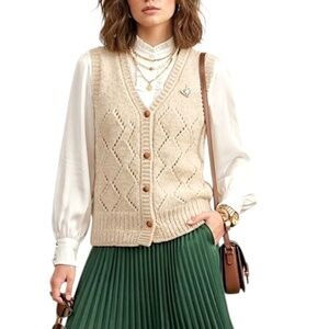 Retro Boxy Beige Diamond Pointelle Knit Button Front Woolly Sweater Vest
